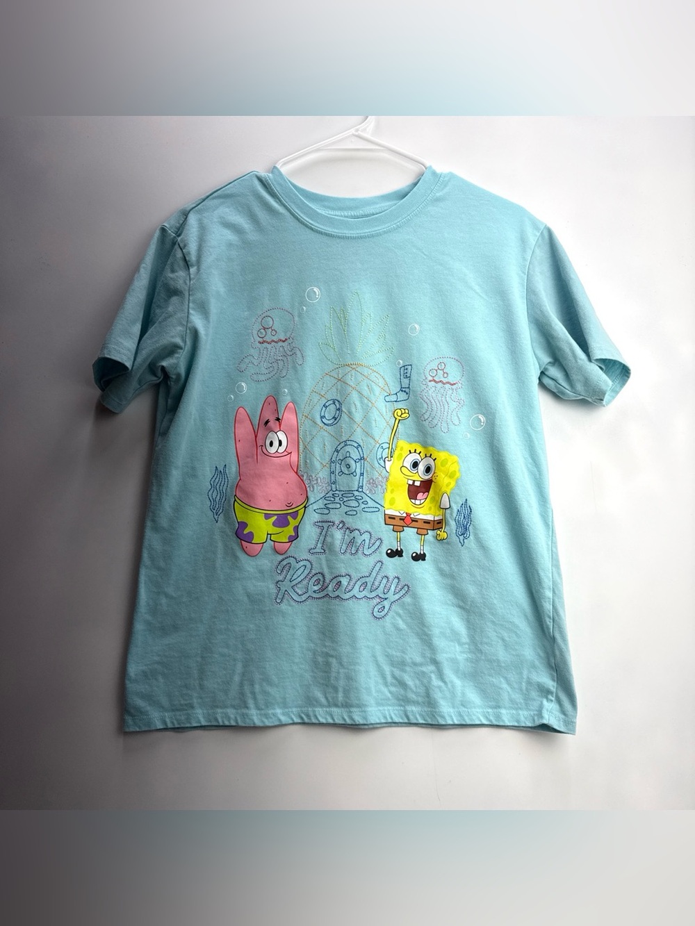 Spongebob Squarepants Women’s Teal Embroidered Graphic T-Shirt
